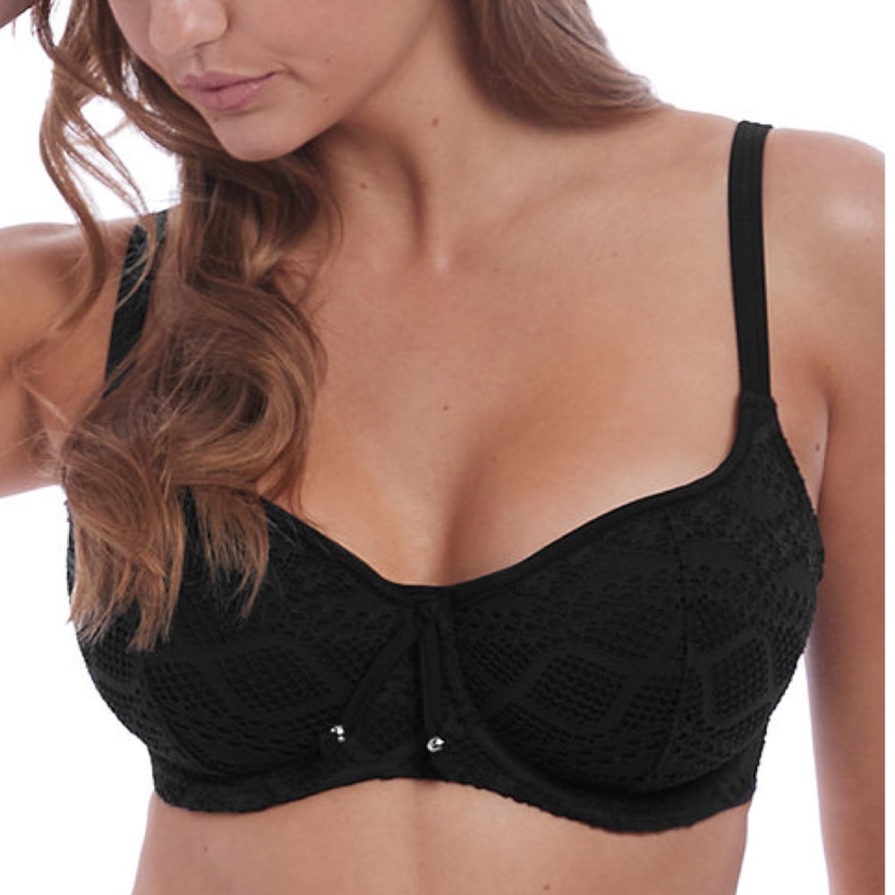 Freya 32DD Black Crochet Lace Sweetheart Padded Bikini Top Pinup Underwire